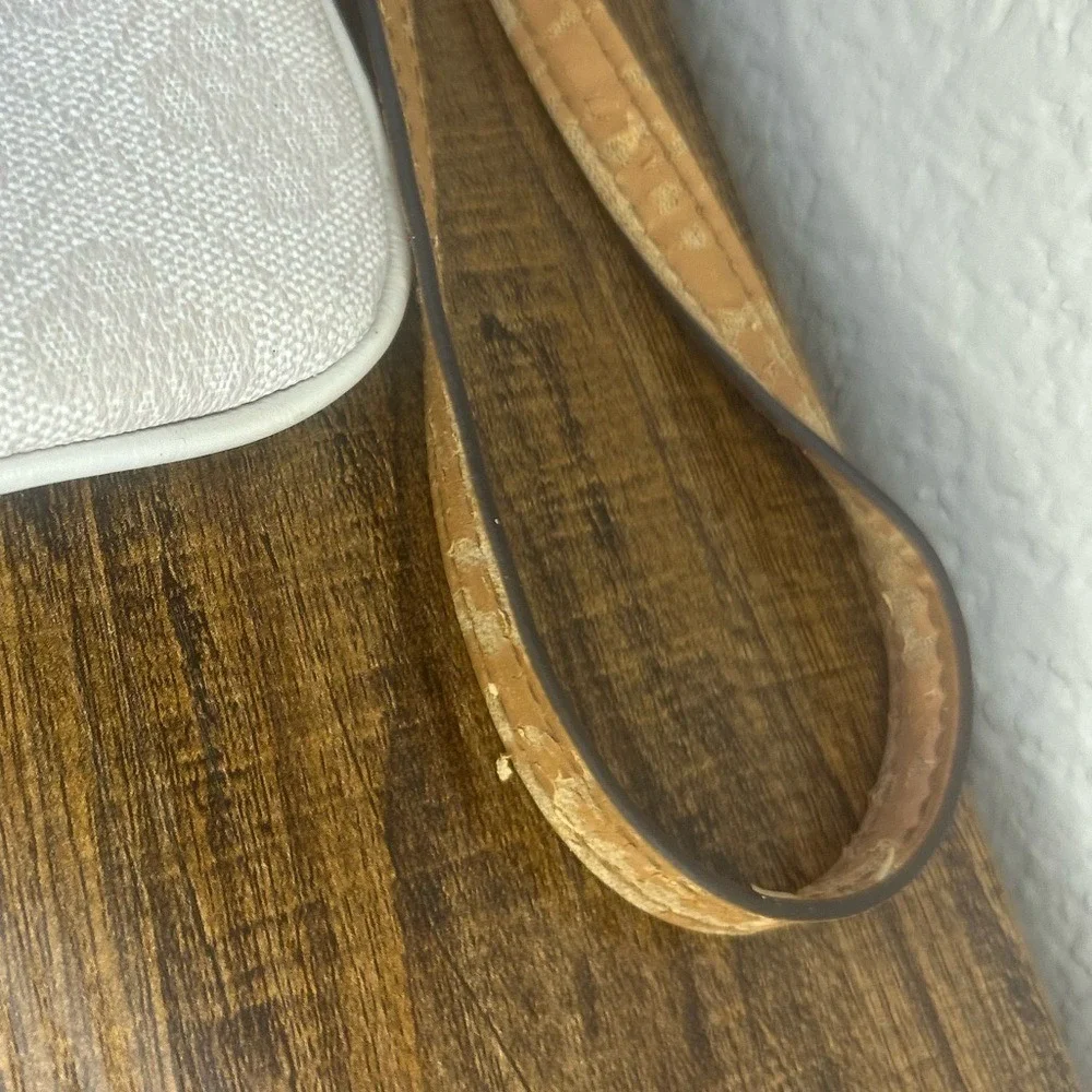 Guess Crossbody Bag Cream Tan Monogram Logo Print Adjustable Strap Slim Purse